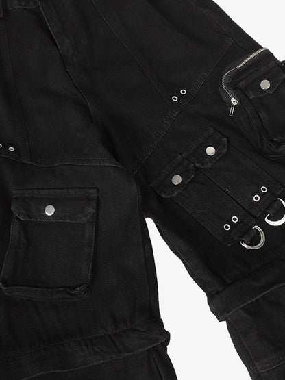 Black Tactical Cargo Shorts with Multi-Pockets and Zipper Accents