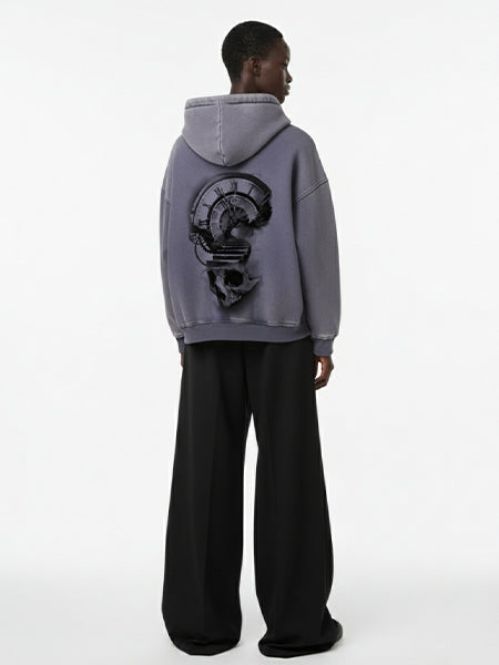 Thesupermade Washed Batik Distressed Double Zipper Cardigan Hooded Sweatshirt Sketch Skull Clock