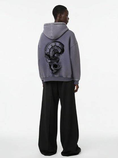 Thesupermade Washed Batik Distressed Double Zipper Cardigan Hooded Sweatshirt Sketch Skull Clock