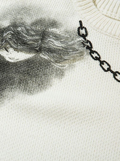 Chain Jacquard Spray-Painted Hole Round Neck Sweater