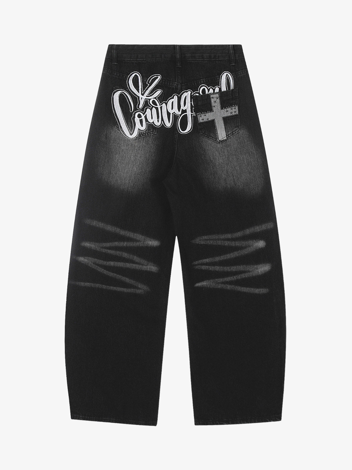 Distressed Black Denim Jeans with Embroidered Design and Cross Patch