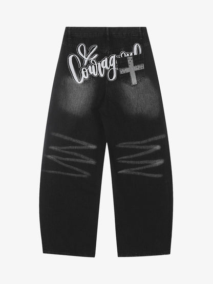Distressed Black Denim Jeans with Embroidered Design and Cross Patch