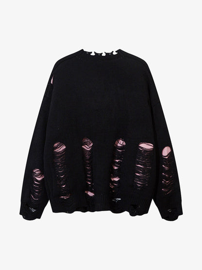 Irregular Neck Hole Hollow Knit Raw Edge Sweater