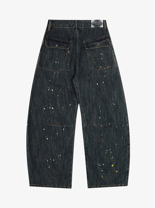 Distressed Denim Painter Pants with Artistic Splatter Design