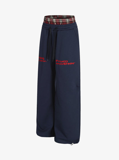 Wide-Leg Lounge Pants with Plaid Waistband and Stylish Lettering