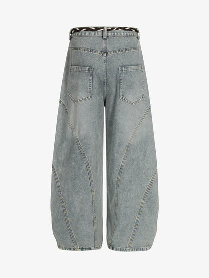 Wide-Leg Denim Trousers with Unique Braided Belt Detail