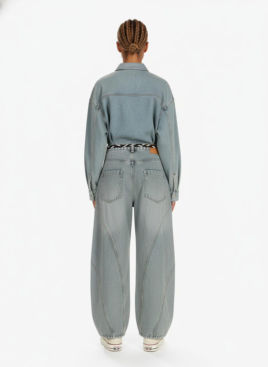 Denim Retro Belt Detail With Patchwork Barrel Jeans - 2490