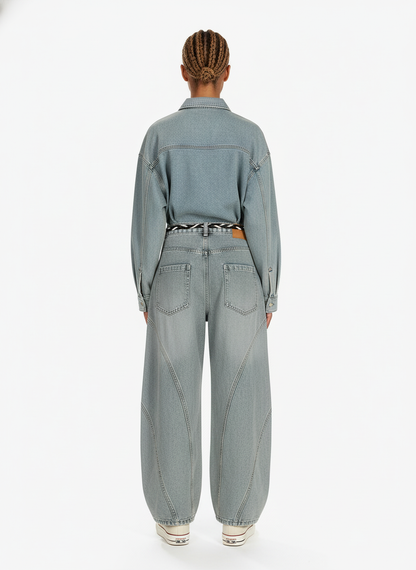 Denim Retro Belt Detail With Patchwork Barrel Jeans - 2490