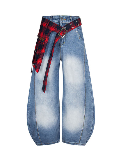 Washed Plaid Belt Barrel Jeans