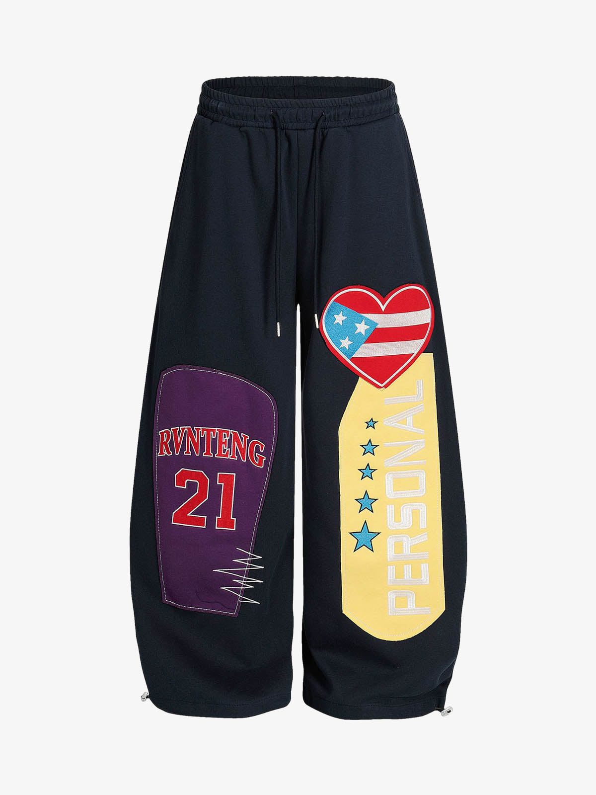 Stylish Wide-Leg Sweatpants with Patriotic Heart and Number Patch Design