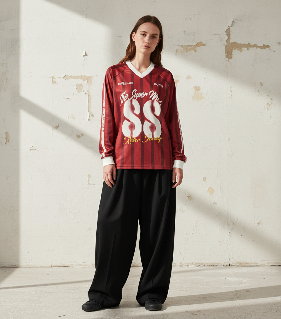 Retro Striped 88 Print Graphic Jersey Long-Sleeved T-Shirt