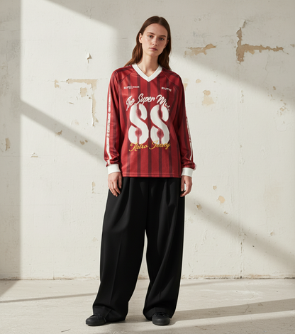 Retro Striped 88 Print Graphic Jersey Long-Sleeved T-Shirt