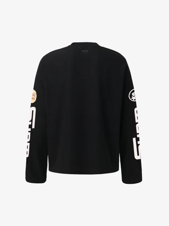 Textured Waffle SUPM Letter Graphic Long Sleeve T-Shirt