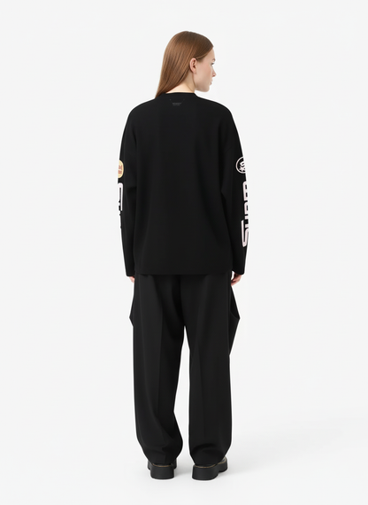 Textured Waffle SUPM Letter Graphic Long Sleeve T-Shirt