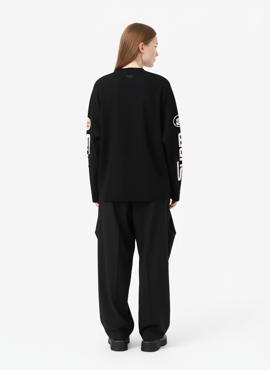 Textured Waffle SUPM Letter Graphic Long Sleeve T-Shirt