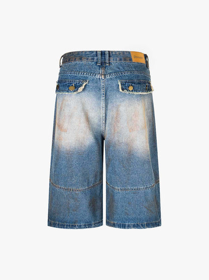 Street Retro Distressed Buttons Raw Edge Dirty Denim Shorts