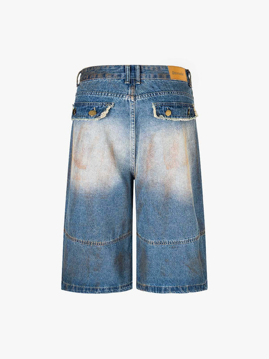 Street Retro Distressed Buttons Raw Edge Dirty Denim Shorts