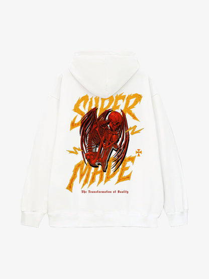 Distressed Graphic Hoodie with Bold Angel Wings Design for Men