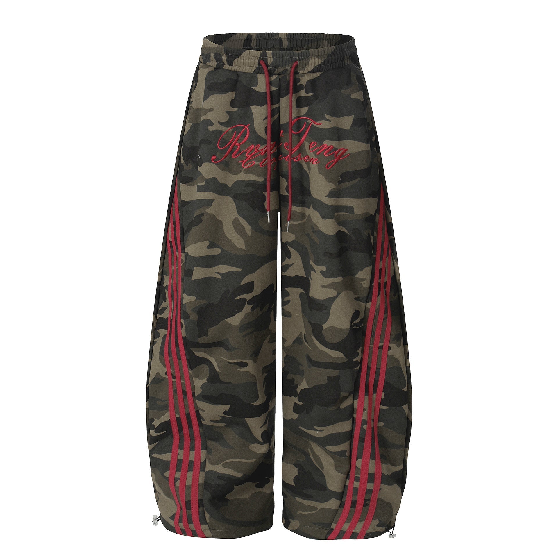 Camouflage Wide-Leg Pants with Red Stripes and Embroidery for Casual Wear