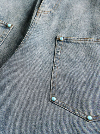 Distressed Rivet-washed Ripped Barrel Jeans