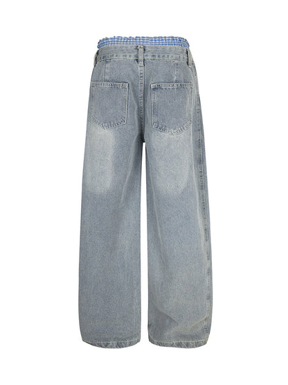 Plaid Double Waist Baggy Jeans