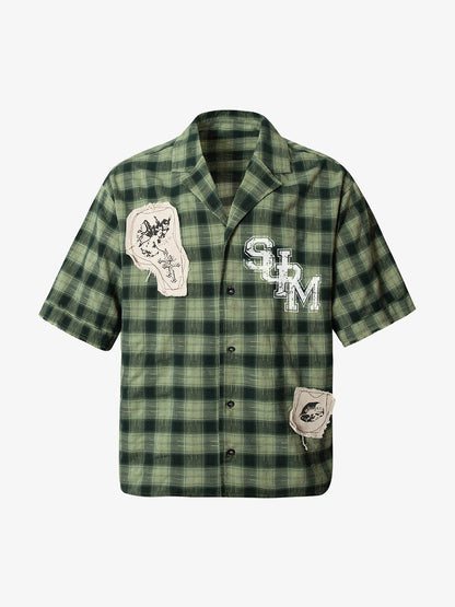 Plaid Applique Printed Short Sleeve Shirt - 2463