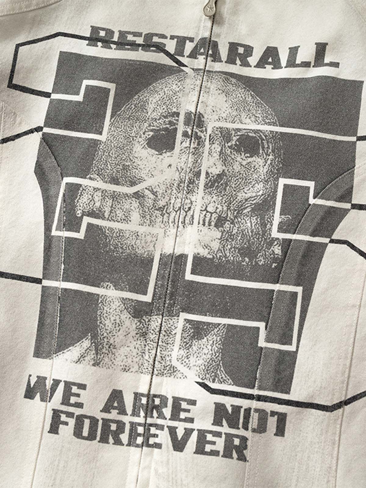 Thesupermade Skull Print Paneled Stand-up Collar Leather Jacket