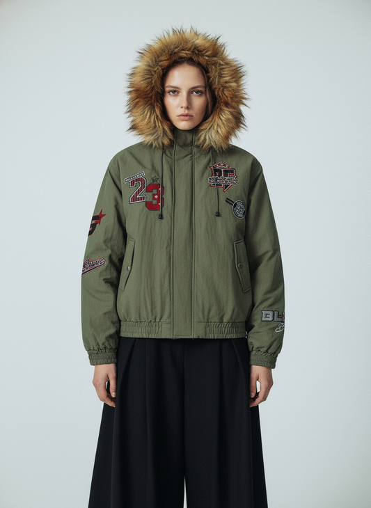Retro Badge Embroidered Fur Collar Bomber Jacket
