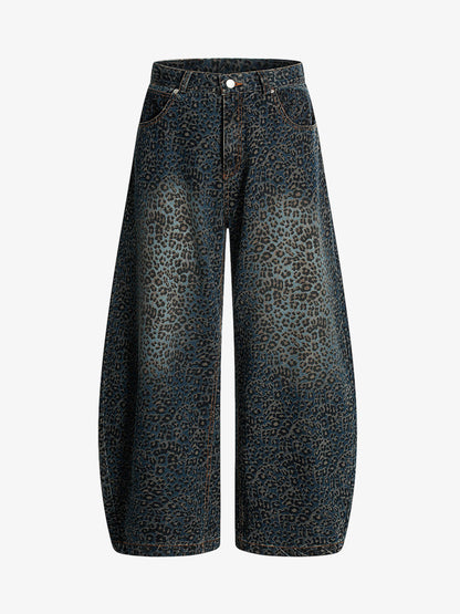 Street Leopard Print Barrel Jeans
