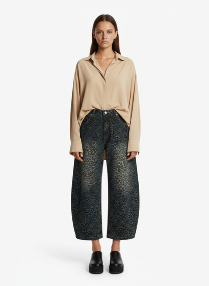 Denim Street Leopard Print Barrel Jeans - 2458