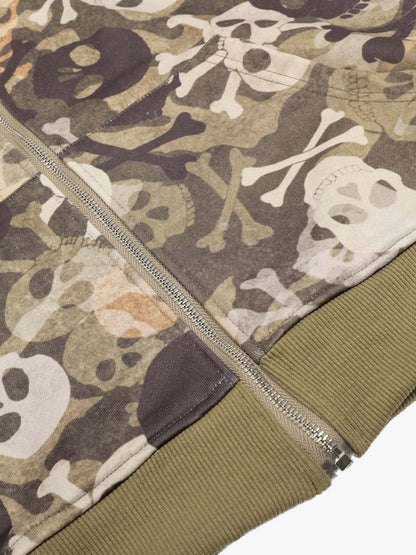 Camouflage Skull Print Bomber Jacket with Faux Fur Hood Trim