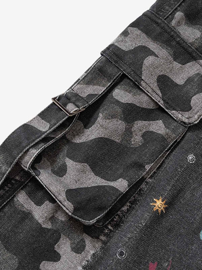 Thesupermade Graffiti Print Cold Transfer Camouflage Layered Cargo Jeans