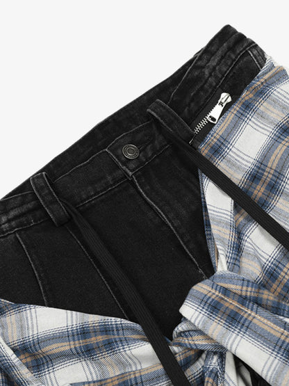 Faux Two-piece Plaid Detachable Scimitar Jeans