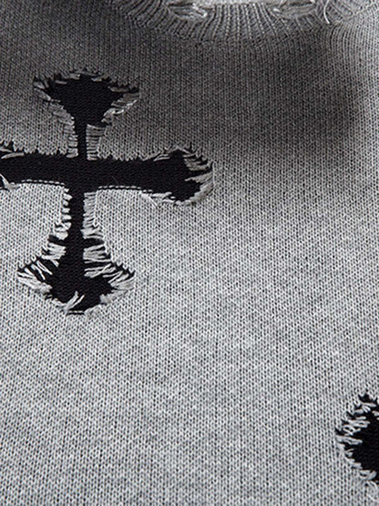 Vintage Spray-Painted Cross Hole Knit Sweater