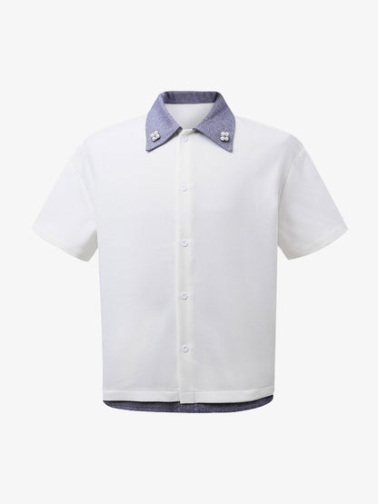 Fake Two-piece Stitching Lapel Pearl Button Shirt