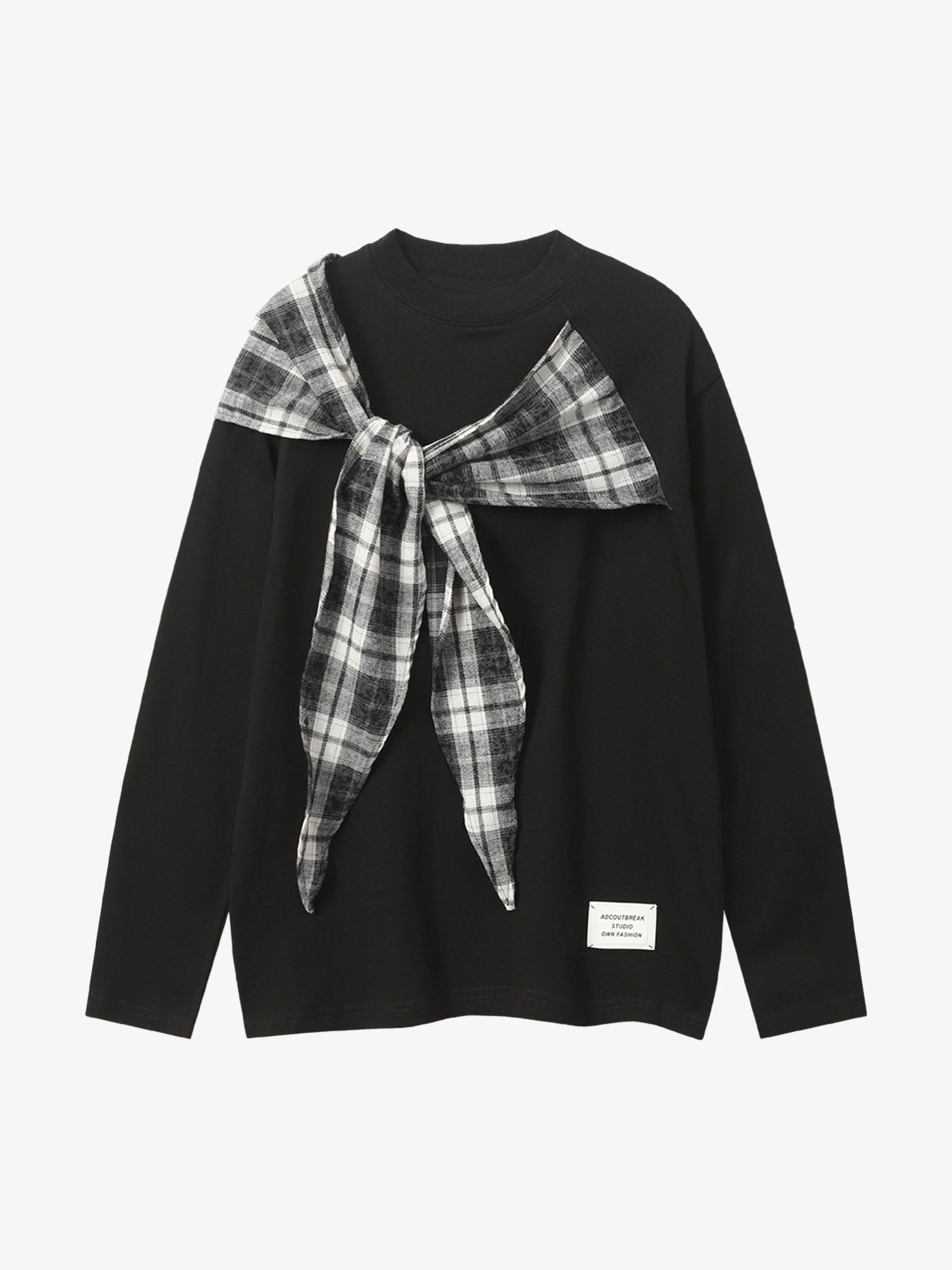 Black Long Sleeve T-Shirt with Plaid Shoulder Patch - Stylish and Versatile Top for Casual Wear