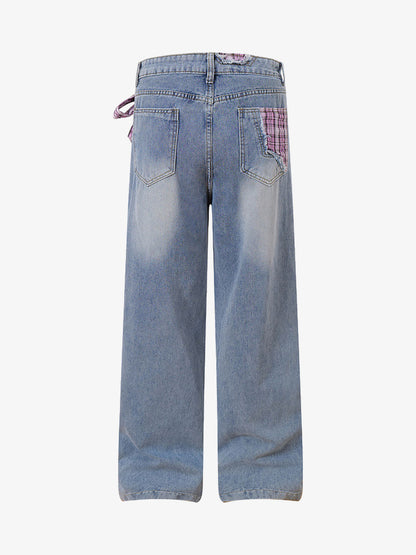 Street Ripped Plaid Bow Jeans