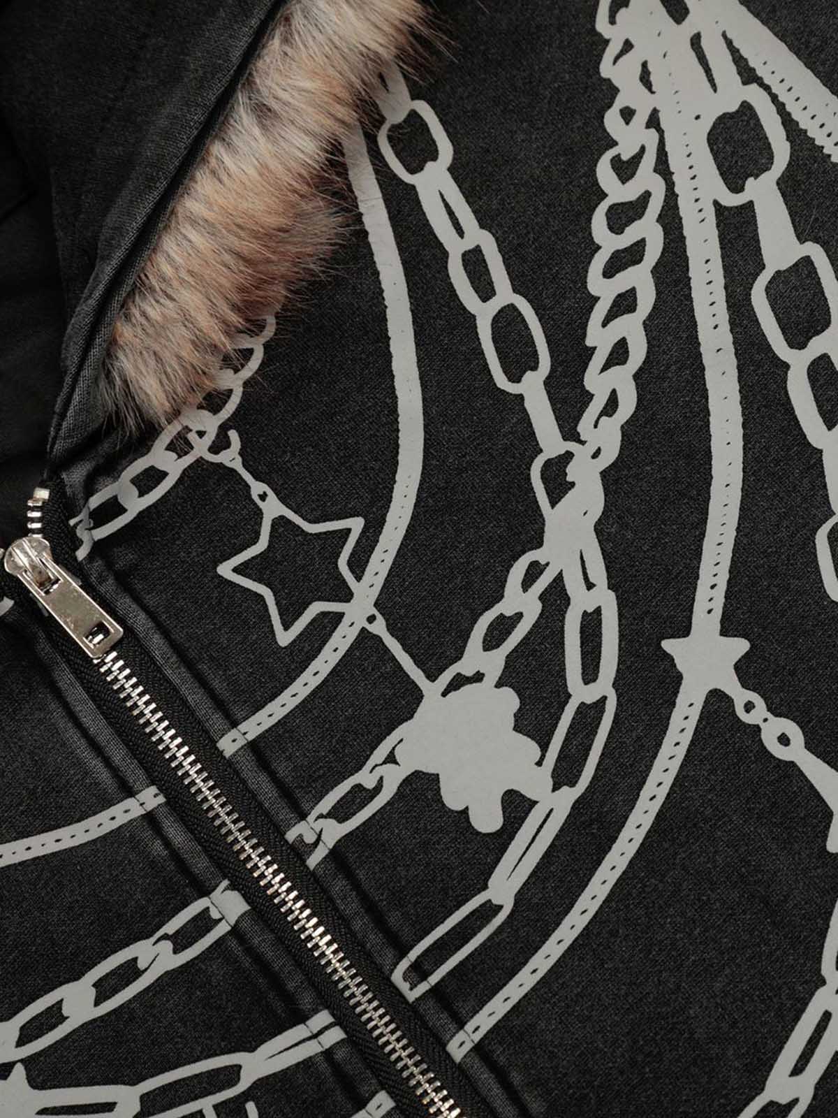Stylish Chain-Printed Hoodie with Faux Fur Trim for Winter Fashion