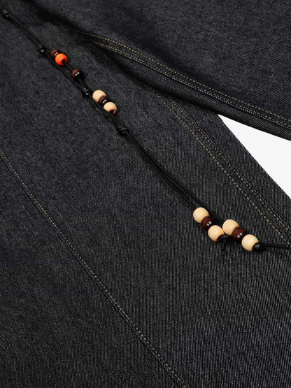Stylish High-Waisted Denim Trousers with Beaded Drawstring Detail