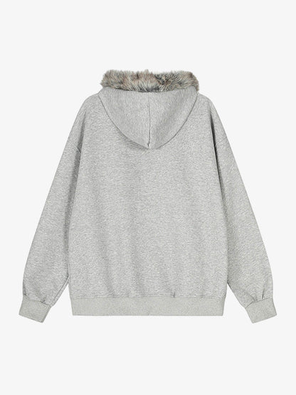 Stylish Graphic Hooded Jacket with Faux Fur Trim - Perfect for Casual and Trendy Looks
