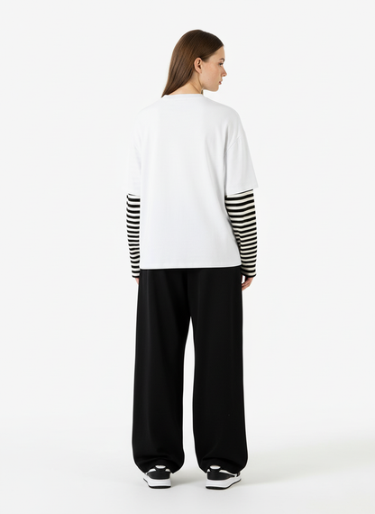 Cartoon Print Striped Sleeve Faux Two-Piece Long-Sleeve T-Shirt