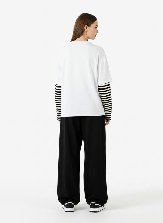 Cartoon Print Striped Sleeve Faux Two-Piece Long-Sleeve T-Shirt