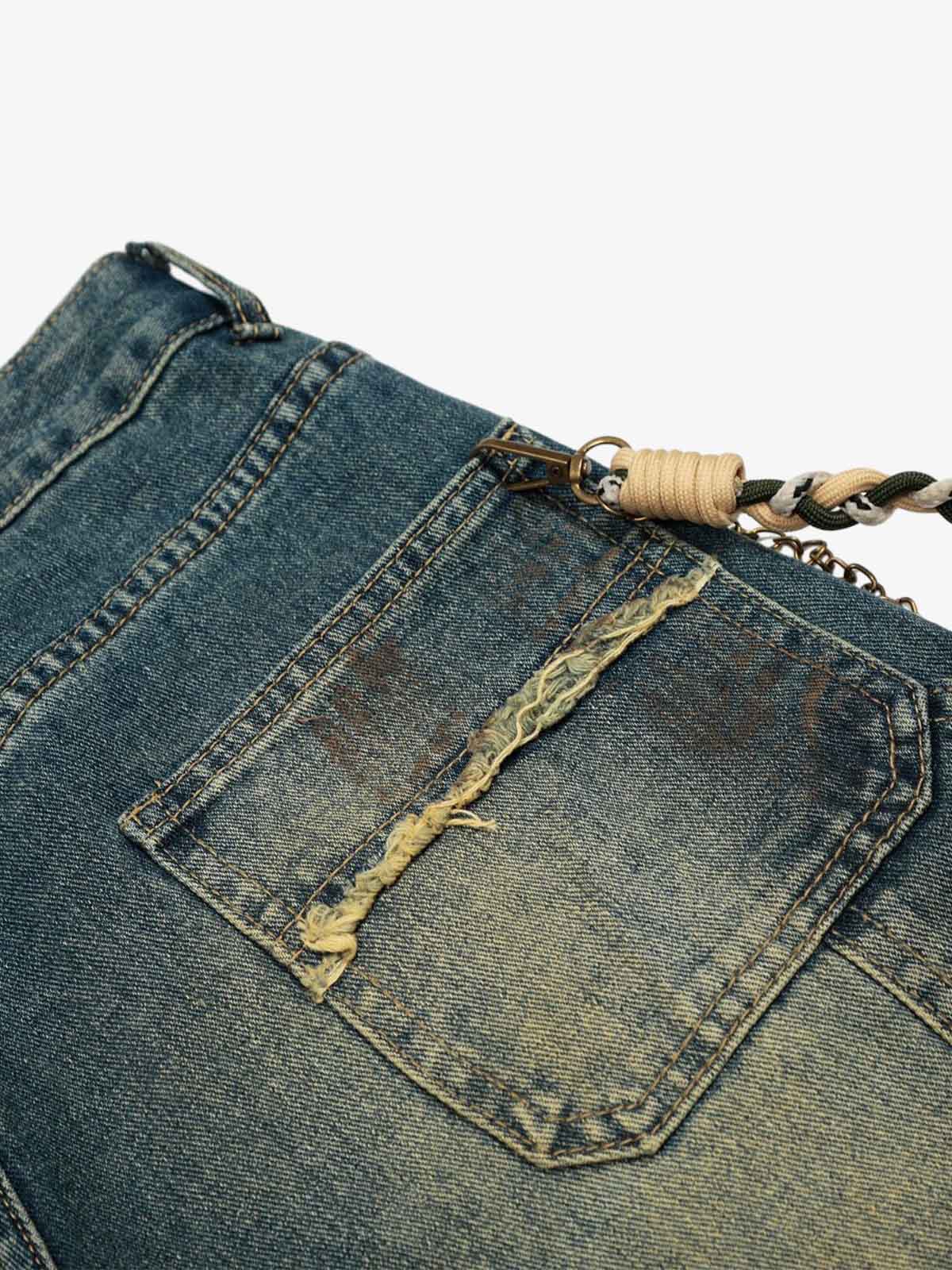 Distressed Denim Jeans with Braided Chain Detail - Perfect for Casual and Streetwear Styles