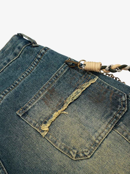 Distressed Denim Jeans with Braided Chain Detail - Perfect for Casual and Streetwear Styles