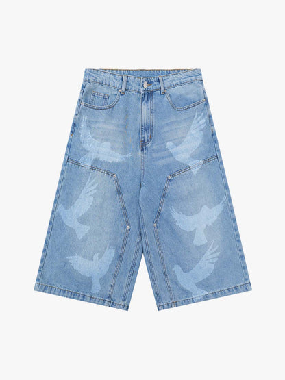 Stylish Denim Shorts with Flying Bird Prints for Summer Outfits