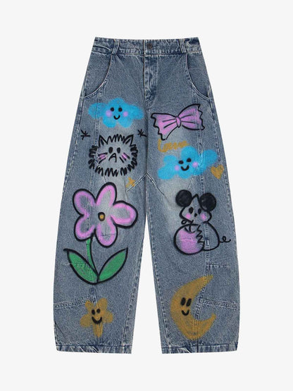 Hand-Painted Denim Jeans with Whimsical Designs for Women