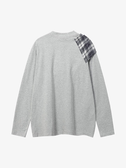 Black Long Sleeve T-Shirt with Plaid Shoulder Patch - Stylish and Versatile Top for Casual Wear