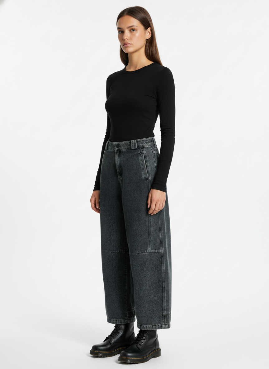 Washed Dirty Dyed Pleated  Barrel Jeans