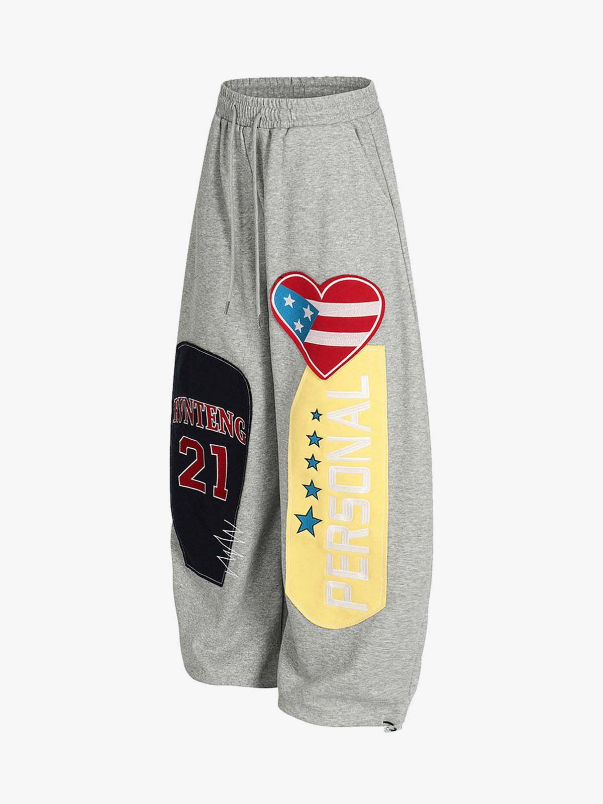 Stylish Wide-Leg Sweatpants with Patriotic Heart and Number Patch Design