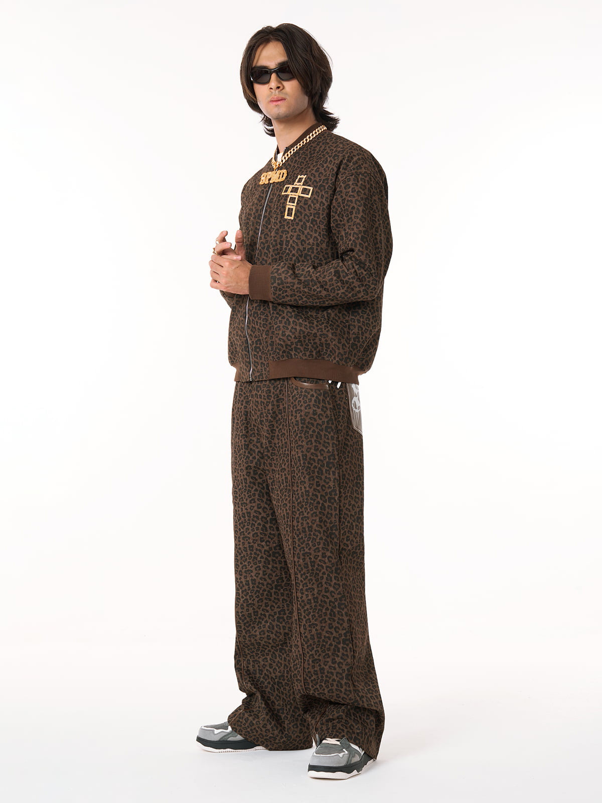 Cross Frame Leopard Print Baseball Jacket